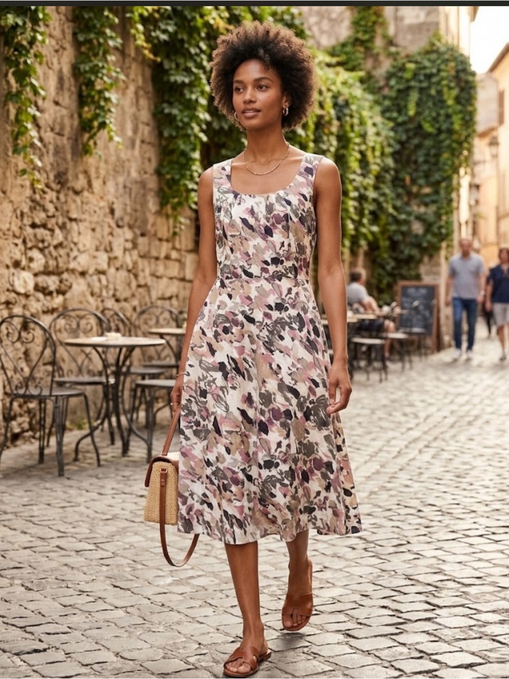 LOFT Pink and Cream Floral Scoop-Neck Midi Dress